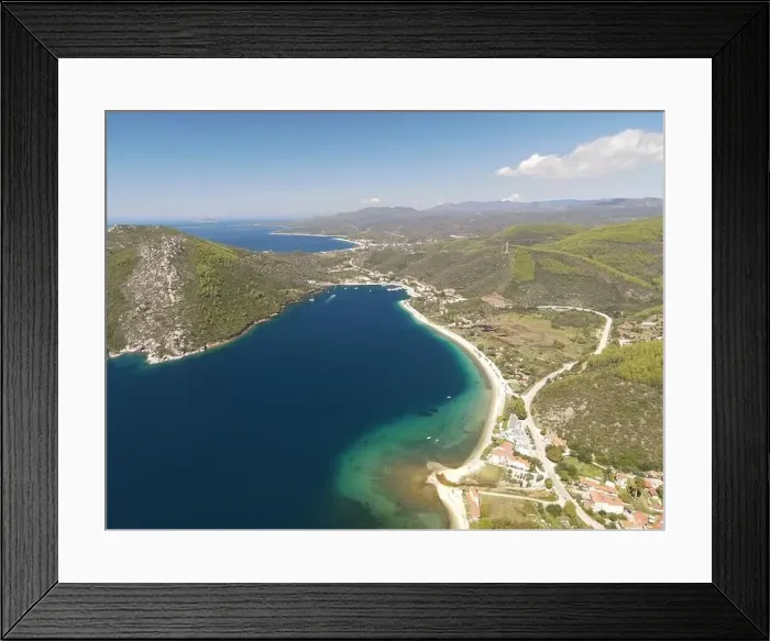 Framed Print : Panoramic drone photo of the tropical beach in the bay of Toroni in Halkidiki, Greece Framed Print : Panoramic drone photo of the tropical beach in the bay of Toroni in Halkidiki, Greece