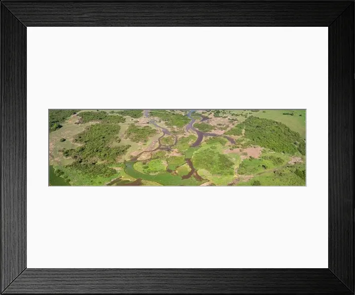Framed Print : Aerial shot panorama of typical Pantanal Wetlands landscape with lagoons, forest, meadows, river, fi Framed Print : Aerial shot panorama of typical Pantanal Wetlands landscape with lagoons, forest, meadows, river, fi