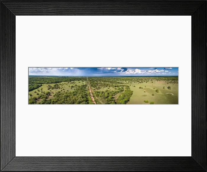 Framed Print : Aerial view panorama of typical Pantanal landscape with Transpantaneira, meadows, forest, pasture an Framed Print : Aerial view panorama of typical Pantanal landscape with Transpantaneira, meadows, forest, pasture an