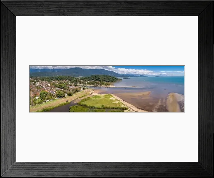 Framed Print : Panoramic aerial view to historic town Paraty, tidal river and Jabaquara with green mountains in bac Framed Print : Panoramic aerial view to historic town Paraty, tidal river and Jabaquara with green mountains in bac