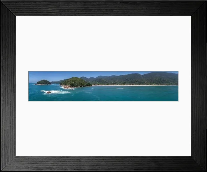 Framed Print : Aerial view panorama of wonderful Green Coast shoreline with islands, bays and mountains covered wit Framed Print : Aerial view panorama of wonderful Green Coast shoreline with islands, bays and mountains covered wit