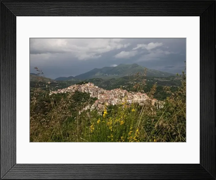 Framed Print : View of the white town of Rivello, Mediterranean mountain village in nature, Campania, Salerno Italy Framed Print : View of the white town of Rivello, Mediterranean mountain village in nature, Campania, Salerno Italy