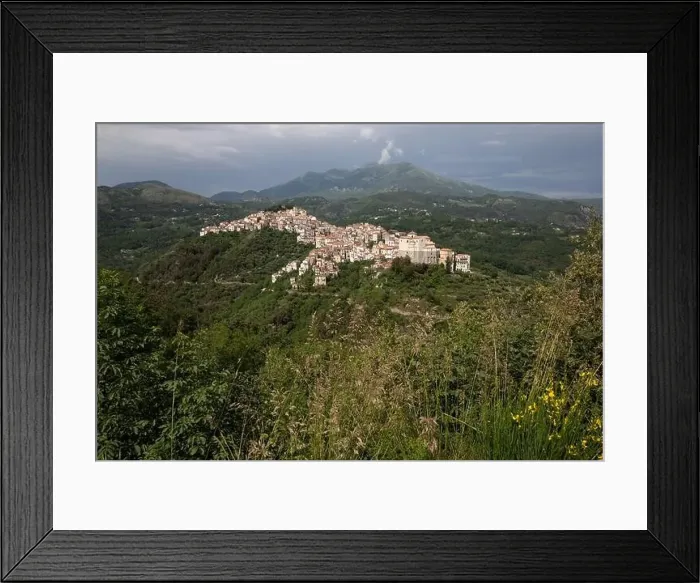 Framed Print : View of the white town of Rivello, Mediterranean mountain village in nature, Campania, Salerno Italy