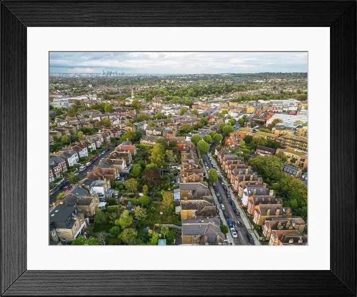 Framed Print : Drone Photo of West Norwood in London SE27 looking North East towards the Town Centre and the City of London Beyond Framed Print : Drone Photo of West Norwood in London SE27 looking North East towards the Town Centre and the City of London Beyond