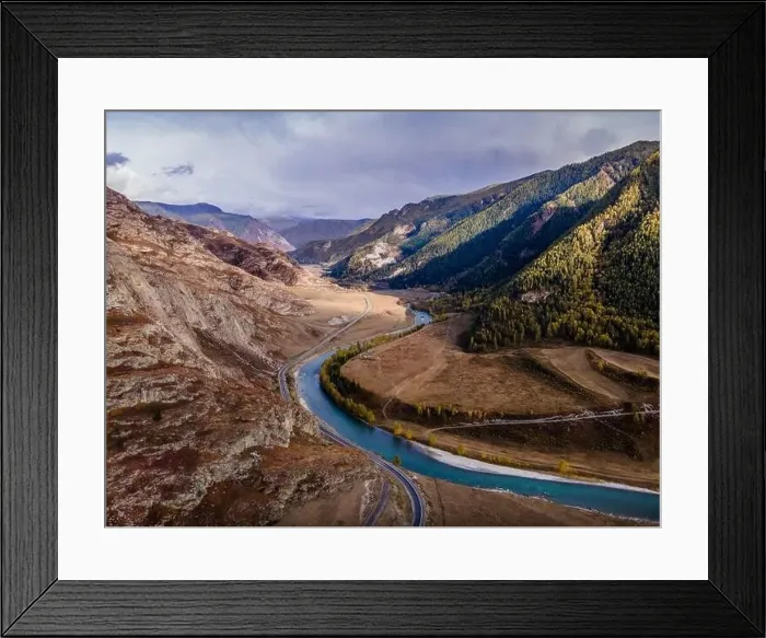 Framed Print : The aerial picture of the scenic road (Chui tract) and the Katun river in the Altai Mountains in Siberia, Russia Framed Print : The aerial picture of the scenic road (Chui tract) and the Katun river in the Altai Mountains in Siberia, Russia