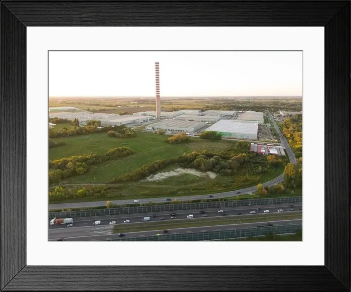 Framed Print : Aerial view of warehouse storages or industrial factory or logistics center from above