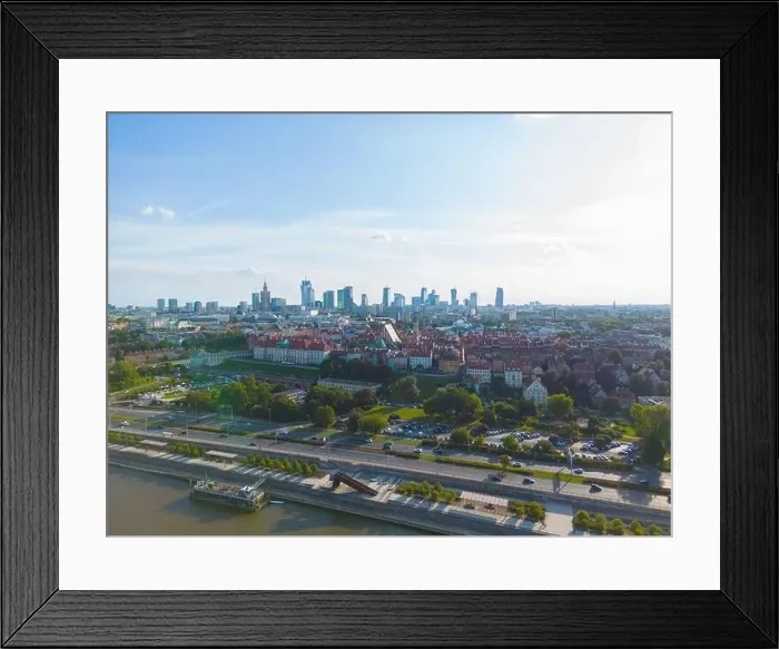 Framed Print : Aerial panorama of Warsaw, Poland over the Vistual river and City center in a distance Old town