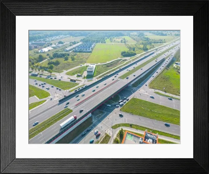 Framed Print : Aerial top view of highway junction interchange road Framed Print : Aerial top view of highway junction interchange road