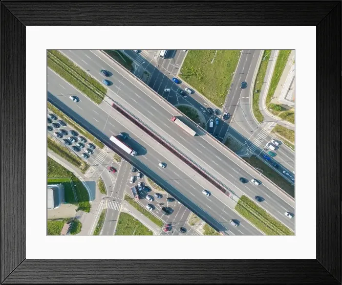Framed Print : Aerial top view of highway junction interchange road Framed Print : Aerial top view of highway junction interchange road