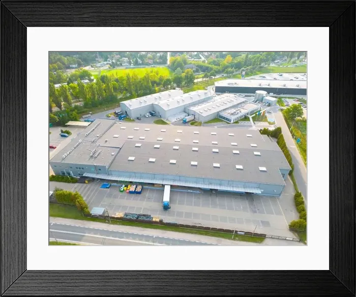 Framed Print : Aerial drone view on distribution center. Logistic and transport concept Framed Print : Aerial drone view on distribution center. Logistic and transport concept