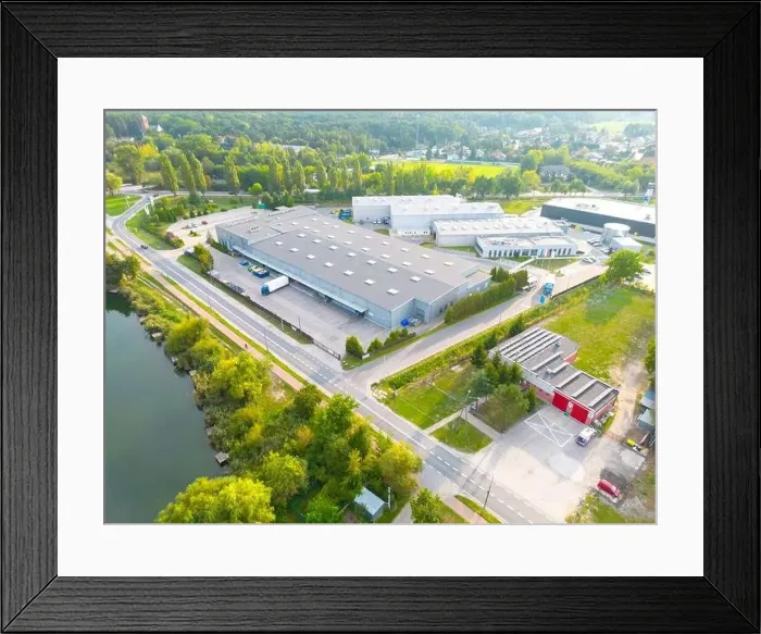 Framed Print : Aerial drone view on distribution center. Logistic and transport concept Framed Print : Aerial drone view on distribution center. Logistic and transport concept