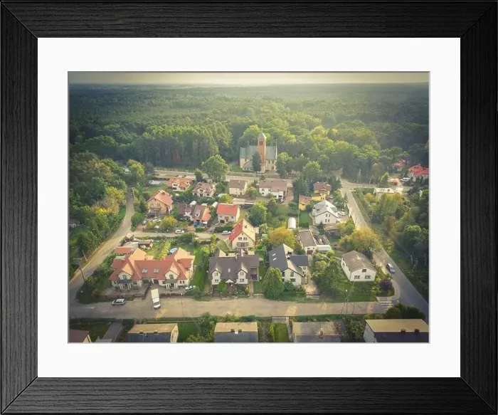 Framed Print : Aerial view of residential houses neighborhood and apartment building complex at sunset Framed Print : Aerial view of residential houses neighborhood and apartment building complex at sunset