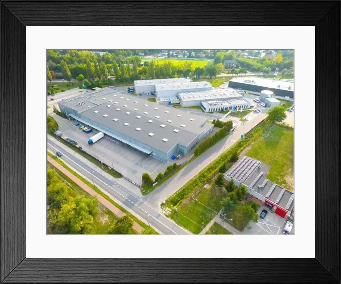 Framed Print : Aerial drone view on distribution center. Logistic and transport concept Framed Print : Aerial drone view on distribution center. Logistic and transport concept