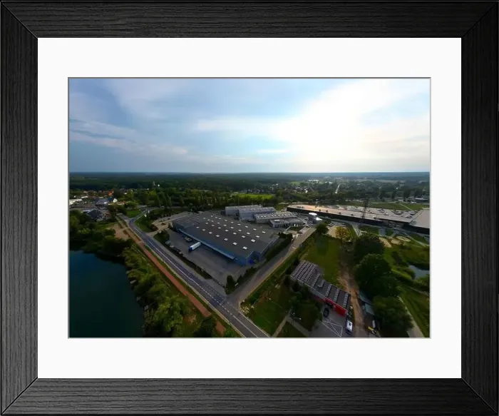 Framed Print : Aerial drone view on distribution center. Logistic and transport concept Framed Print : Aerial drone view on distribution center. Logistic and transport concept
