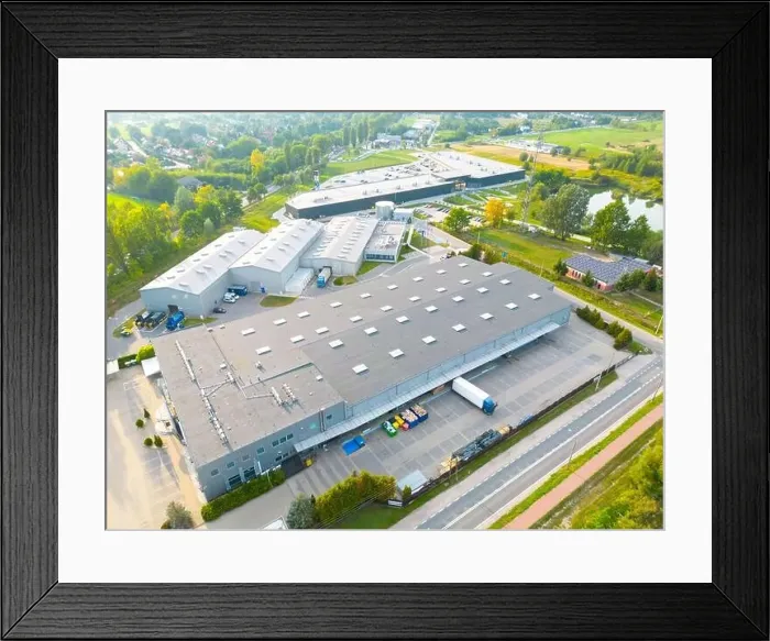 Framed Print : Aerial drone view on distribution center. Logistic and transport concept
