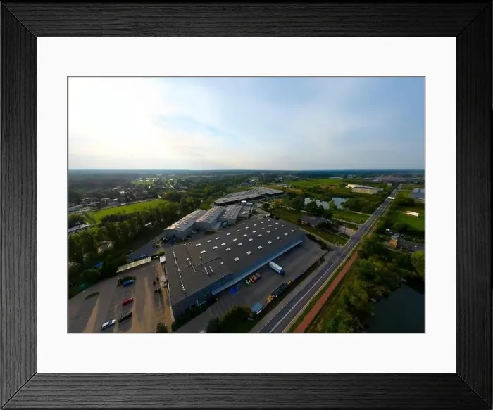 Framed Print : Aerial drone view on distribution center. Logistic and transport concept Framed Print : Aerial drone view on distribution center. Logistic and transport concept