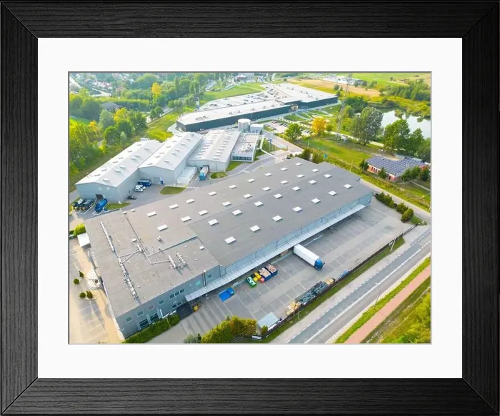 Framed Print : Aerial drone view on distribution center. Logistic and transport concept Framed Print : Aerial drone view on distribution center. Logistic and transport concept