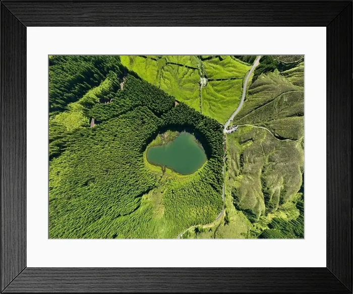 Framed Print : Aerial view of Lagoa do Canario lagoon surrounded by green forest located on Sao Miguel, Azores, Portugal Framed Print : Aerial view of Lagoa do Canario lagoon surrounded by green forest located on Sao Miguel, Azores, Portugal