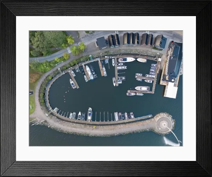 Framed Print : Aerial view of oval small boat marina from above in Nacka Strand, Sweden Framed Print : Aerial view of oval small boat marina from above in Nacka Strand, Sweden
