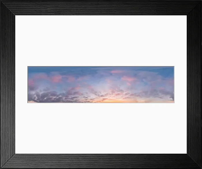 Framed Print : Sunset sky panorama with bright glowing pink Cumulus clouds Framed Print : Sunset sky panorama with bright glowing pink Cumulus clouds