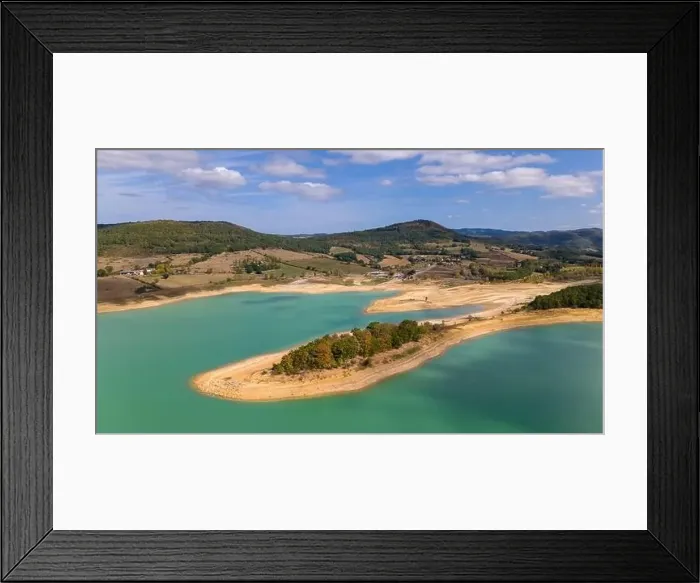 Framed Print : Aerial drone photo of the Lake Montbel in the region of Ariege, south France Framed Print : Aerial drone photo of the Lake Montbel in the region of Ariege, south France