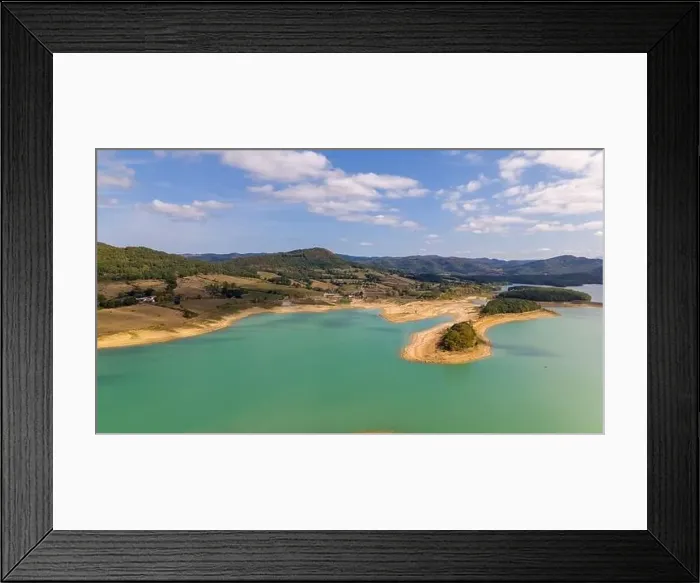 Framed Print : Aerial drone photo of the Lake Montbel in the region of Ariege, south France Framed Print : Aerial drone photo of the Lake Montbel in the region of Ariege, south France