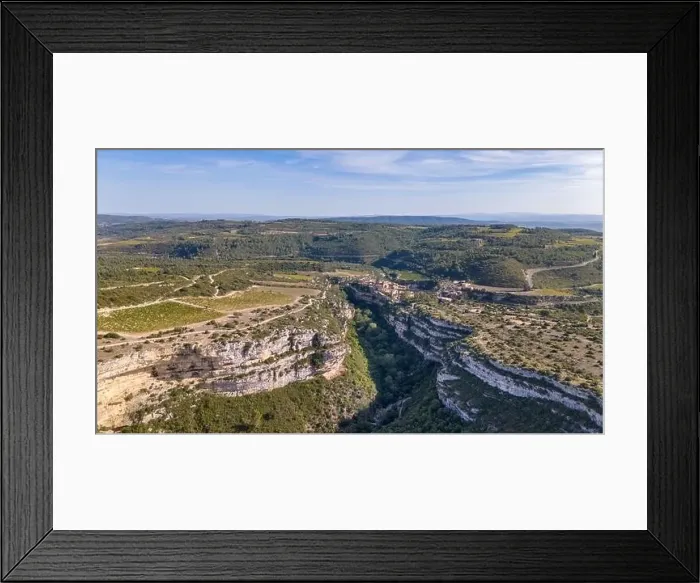 Framed Print : Aerial drone photo of gorge du Brian near the village of Minerve in France. It shows a large canyon from above Framed Print : Aerial drone photo of gorge du Brian near the village of Minerve in France. It shows a large canyon from above