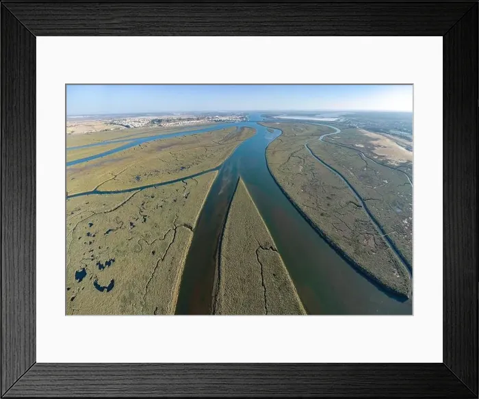 Framed Print : Aerial wide angle view of the river Odiel mouth at sunset Framed Print : Aerial wide angle view of the river Odiel mouth at sunset