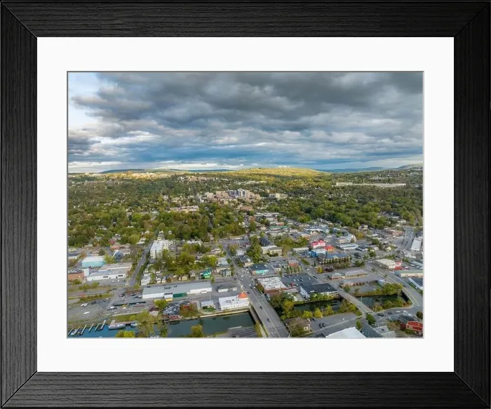 Framed Print : Early afternoon autumn aerial photo view of Ithaca New York Framed Print : Early afternoon autumn aerial photo view of Ithaca New York