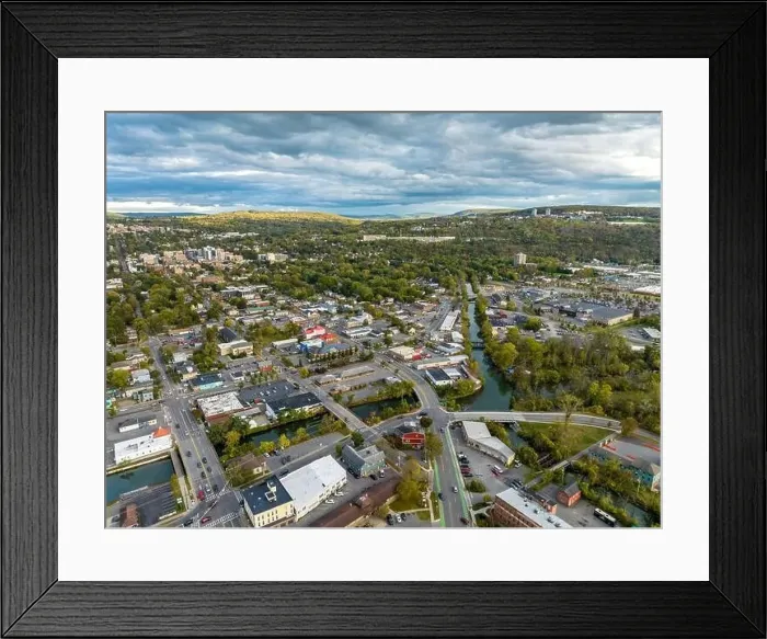 Framed Print : Early afternoon autumn aerial photo view of Ithaca New York Framed Print : Early afternoon autumn aerial photo view of Ithaca New York