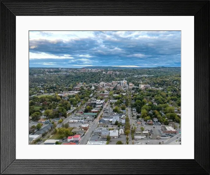 Framed Print : Early afternoon autumn aerial photo view of Ithaca New York Framed Print : Early afternoon autumn aerial photo view of Ithaca New York