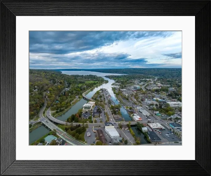 Framed Print : Early afternoon autumn aerial photo view of Ithaca New York Framed Print : Early afternoon autumn aerial photo view of Ithaca New York