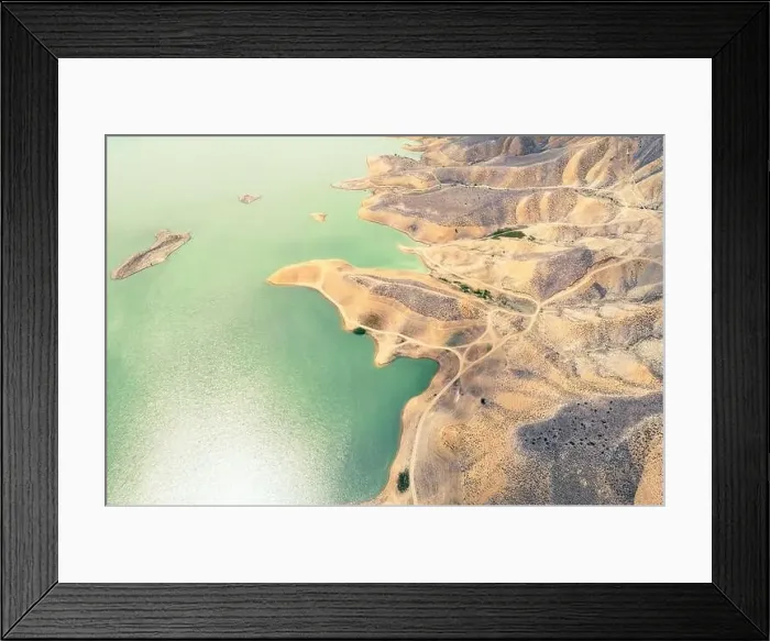 Framed Print : Aerial view on mountain lake. Drone over water reservoir at mountain valley Framed Print : Aerial view on mountain lake. Drone over water reservoir at mountain valley