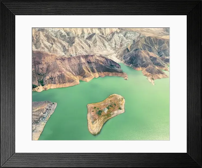 Framed Print : Aerial view on mountain lake. Drone over water reservoir at mountain valley Framed Print : Aerial view on mountain lake. Drone over water reservoir at mountain valley