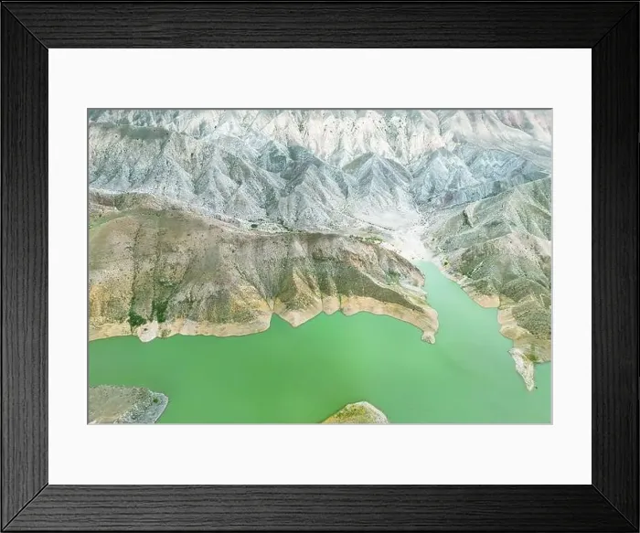 Framed Print : Aerial view on mountain lake. Drone view water reservoir at mountain valley Framed Print : Aerial view on mountain lake. Drone view water reservoir at mountain valley