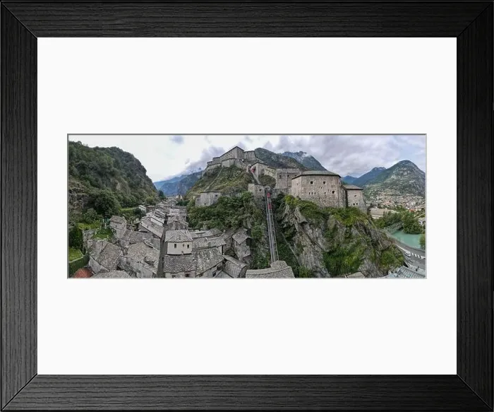 Framed Print : Drone view at the fortress of Bard on Aosta velley in Italy Framed Print : Drone view at the fortress of Bard on Aosta velley in Italy