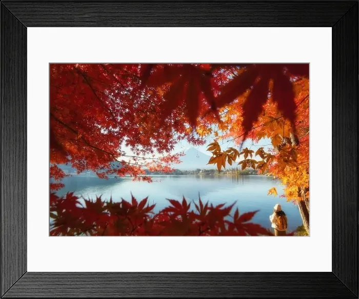 Framed Print : Woman looking at Mt Fuji across Lake Kawaguchik, Yamanashi, Japan Framed Print : Woman looking at Mt Fuji across Lake Kawaguchik, Yamanashi, Japan