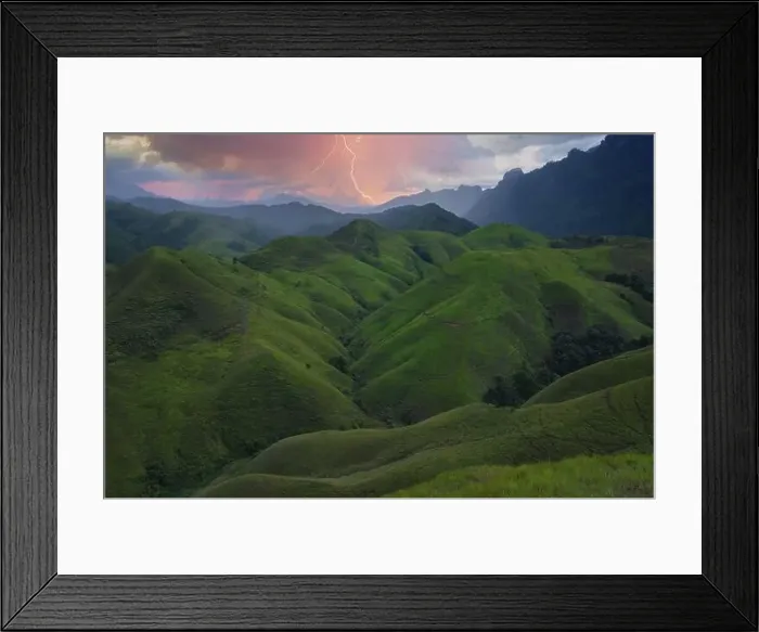 Framed Print : Lightning over lush mountain landscape, Phu Hua Lon, Xaysomboun, Laos Framed Print : Lightning over lush mountain landscape, Phu Hua Lon, Xaysomboun, Laos