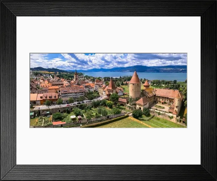 Framed Print : Switzerland scenic places. Estavayer-le-lac - charming traditional village Framed Print : Switzerland scenic places. Estavayer-le-lac - charming traditional village