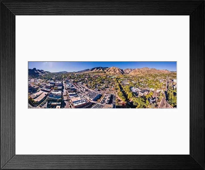 Framed Print : Wide panorama of Golden Colorado from drone - Colorado School of Mines - Downtown Golden Framed Print : Wide panorama of Golden Colorado from drone - Colorado School of Mines - Downtown Golden