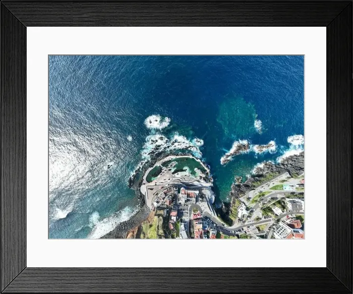 Framed Print : Aerial view of Porto Moniz with volcanic lava swimming pools