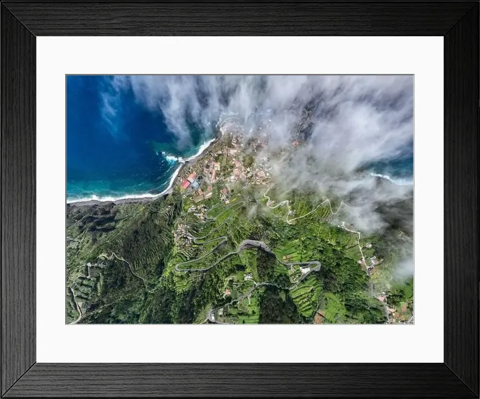 Framed Print : Aerial view of Porto Moniz with volcanic lava swimming pools Framed Print : Aerial view of Porto Moniz with volcanic lava swimming pools