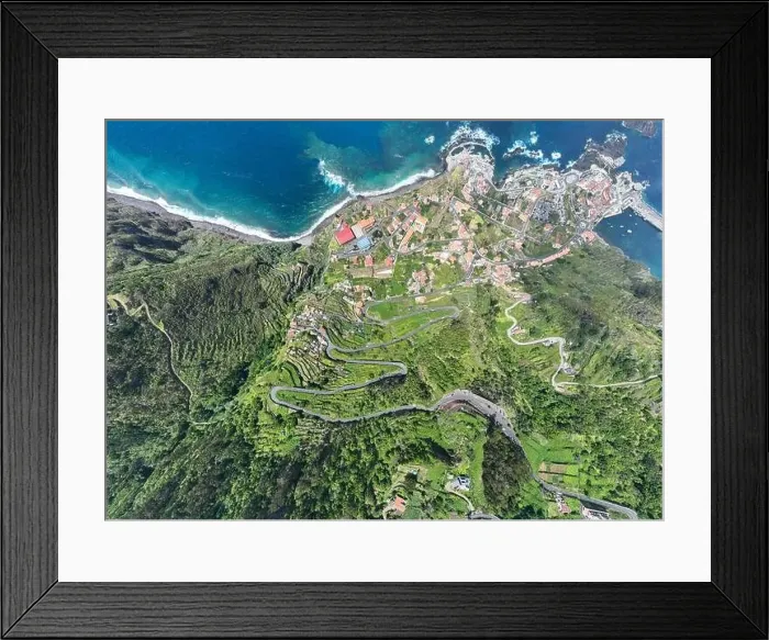 Framed Print : Aerial view of Porto Moniz with volcanic lava swimming pools Framed Print : Aerial view of Porto Moniz with volcanic lava swimming pools