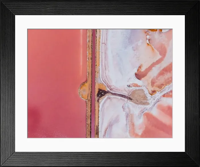 Framed Print : From above drove view of amazing pink salt lake and of shore in sunny summer day Framed Print : From above drove view of amazing pink salt lake and of shore in sunny summer day