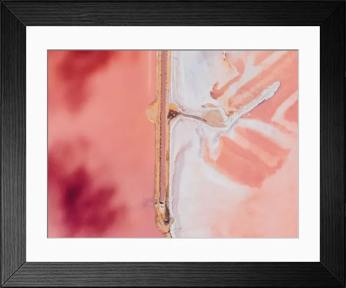 Framed Print : From above drove view of amazing pink salt lake and of shore in sunny summer day Framed Print : From above drove view of amazing pink salt lake and of shore in sunny summer day