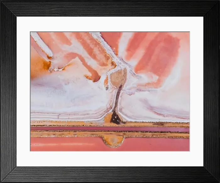 Framed Print : From above drove view of amazing pink salt lake and of shore in sunny summer day