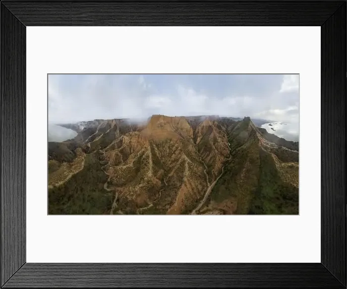 Framed Print : From above aerial view of mountain peaks valley located near calm rive in Barrancas de Burujon in Toledo Framed Print : From above aerial view of mountain peaks valley located near calm rive in Barrancas de Burujon in Toledo