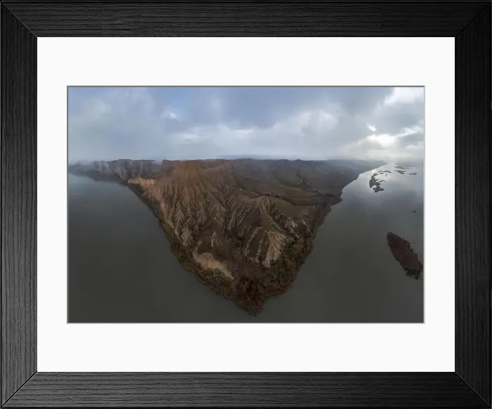 Framed Print : From above aerial view of mountain peaks valley located near calm rive in Barrancas de Burujon in Toledo Framed Print : From above aerial view of mountain peaks valley located near calm rive in Barrancas de Burujon in Toledo