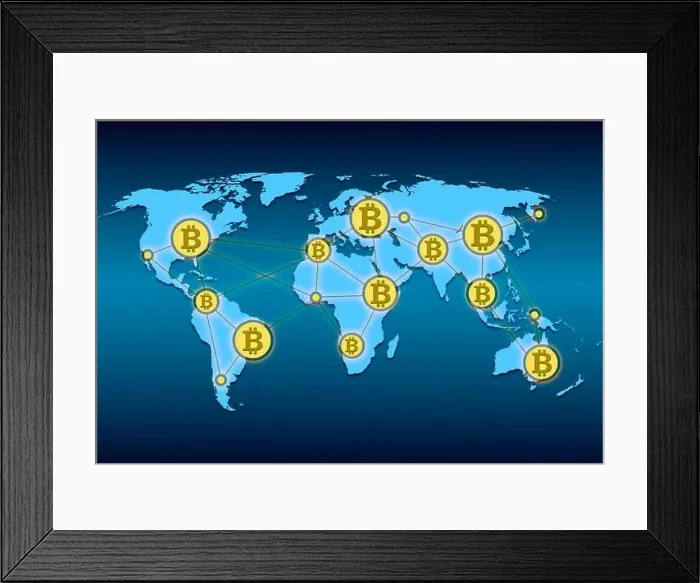 Framed Print : World map with world network and crypto currency bitcoin illustration Framed Print : World map with world network and crypto currency bitcoin illustration