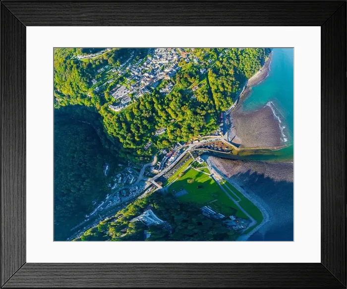 Framed Print : Aerial view of Lynmouth, a small village on the Exmoor coast in the North Devon district in the county of Devon, England Framed Print : Aerial view of Lynmouth, a small village on the Exmoor coast in the North Devon district in the county of Devon, England